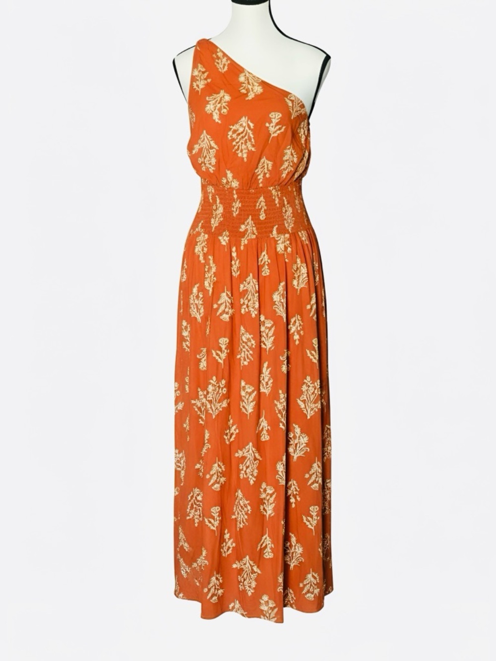 Cupshe One-Shoulder Rust Maxi Dress with White Floral Pattern - Small, NWT